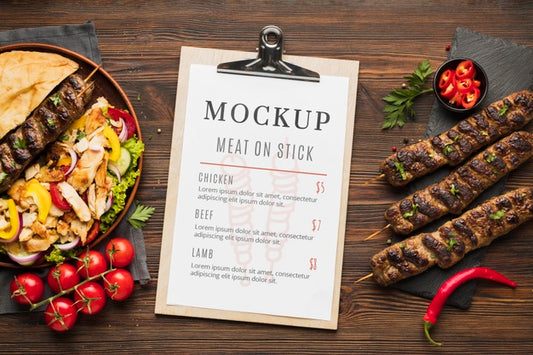 Free Delicious Meat Skewers Mock-Up With Restaurant Menu Psd