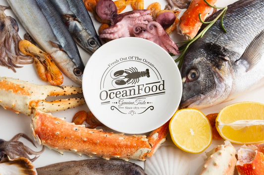 Free Delicious Sea Food Assortment With Plate Mock-Up Psd