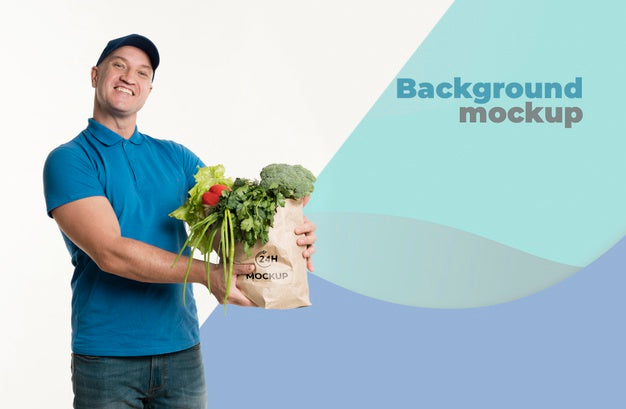 Free Delivery Man Holding A Bag Of Groceries Psd