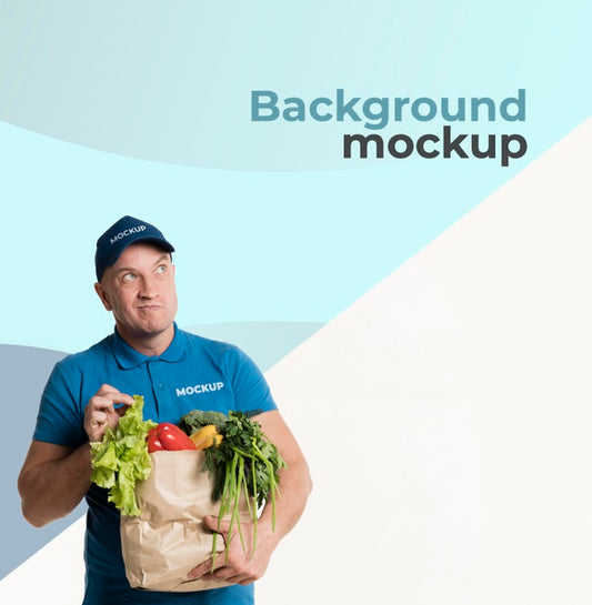 Free Delivery Man Holding A Bag Of Groceries With Background Mock-Up Psd