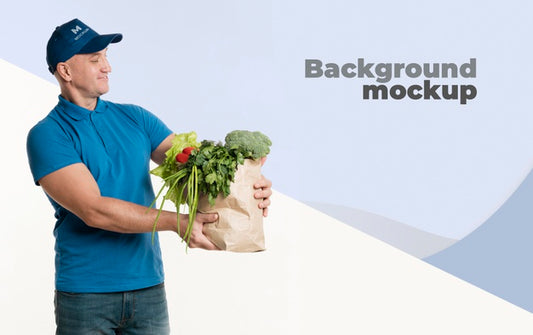 Free Delivery Man Holding A Bag With Groceries Psd