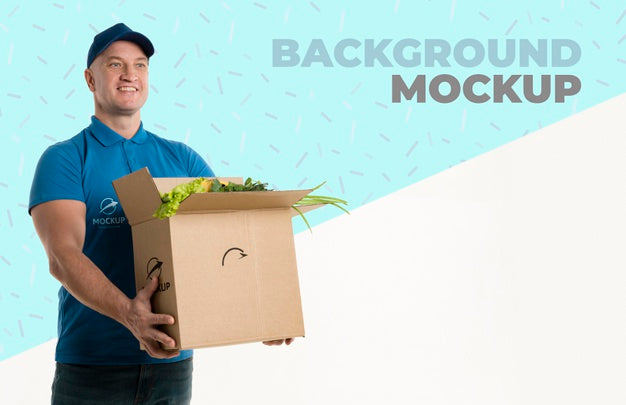 Free Delivery Man Holding A Box Full Of Vegetables Psd