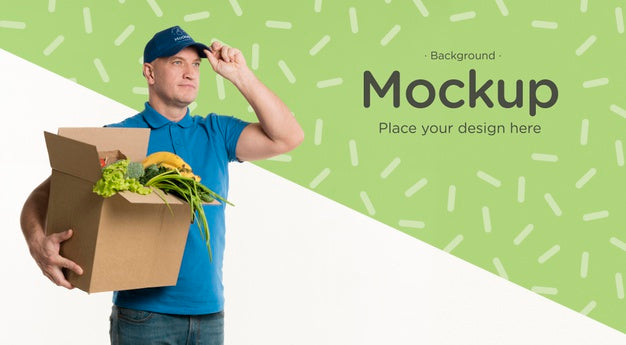 Free Delivery Man Holding A Box Of Vegetables Psd