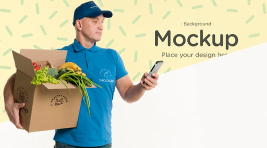 Free Delivery Man Holding A Box Of Vegetables With Background Mock-Up Psd