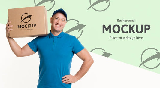 Free Delivery Man Holding A Box On His Shoulder With Background Mock-Up Psd