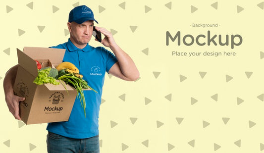 Free Delivery Man Holding A Box With Vegetables Mock-Up Psd