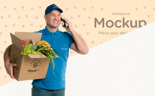 Free Delivery Man Holding A Box With Vegetables Psd