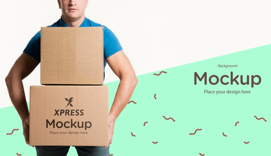 Free Delivery Man Holding A Bunch Of Boxes Mock-Up Psd
