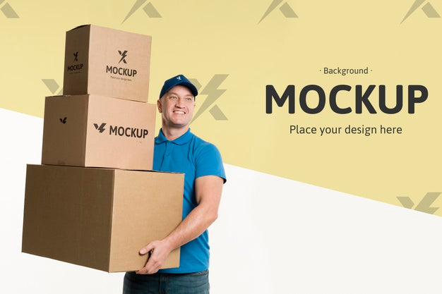 Free Delivery Man Holding A Bunch Of Boxes Psd