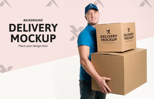 Free Delivery Man Holding A Bunch Of Boxes With Background Mock-Up Psd