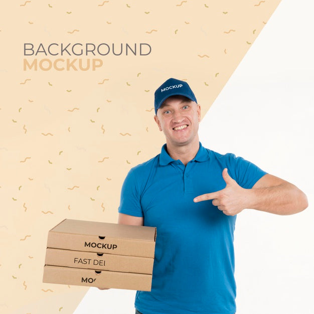 Free Delivery Man Holding A Bunch Of Pizza Boxes Psd