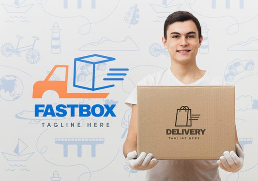 Free Delivery Man Holding Box Mock-Up Psd