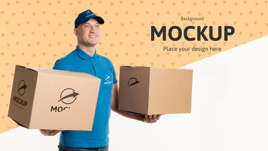 Free Delivery Man Holding Boxes With Background Mock-Up Psd