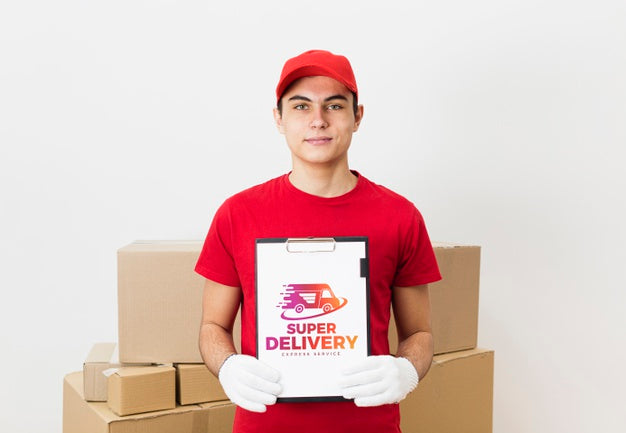 Free Delivery Man Holding Clipboard Near Parcels Mock-Up Psd