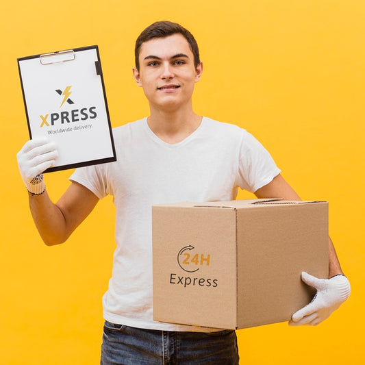 Free Delivery Man Holding Parcel And Clipboard Mock-Up Psd