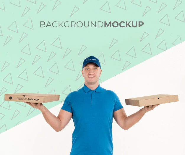 Free Delivery Man Holding Pizza Boxes With Background Mock-Up Psd