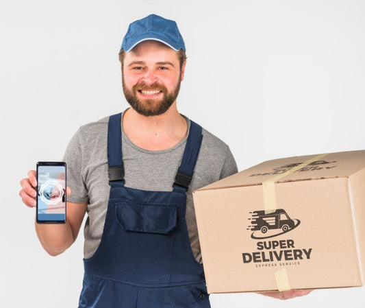 Free Delivery Man Holding Smartphone Mockup For Labor Day Psd