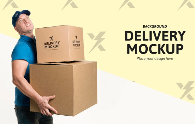 Free Delivery Man Holding Some Boxes With Background Mock-Up Psd