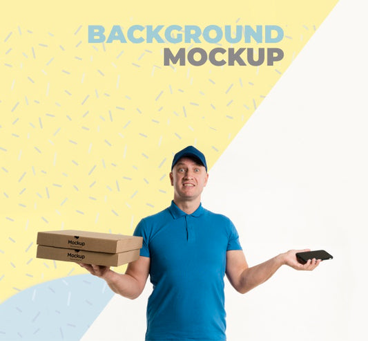Free Delivery Man Holding Some Pizza Boxes Mock-Up With Background Mock-Up Psd
