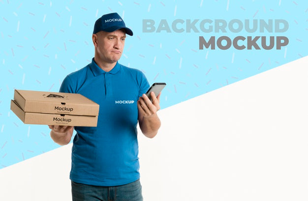 Free Delivery Man Holding Some Pizza Boxes While Looking Sad At His Phone Psd