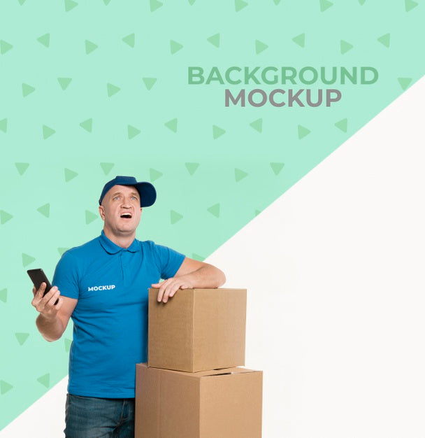 Free Delivery Man Looking Angry Next To A Bunch Of Boxes Psd