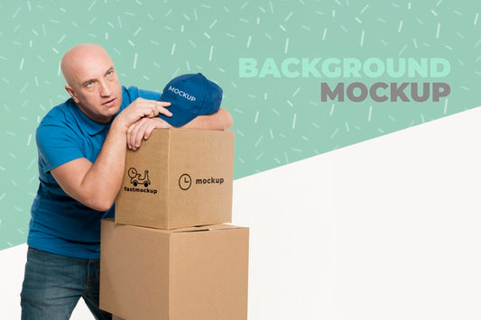 Free Delivery Man Looking Tired Next To A Bunch Of Boxes Psd