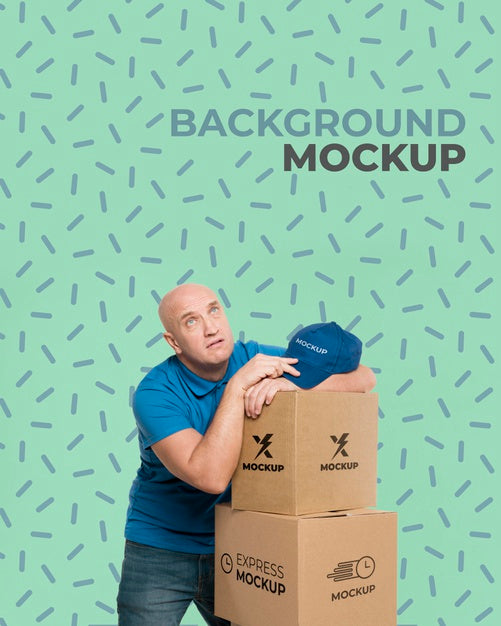 Free Delivery Man Looking Tired Next To A Bunch Of Boxes With Background Mock-Up Psd