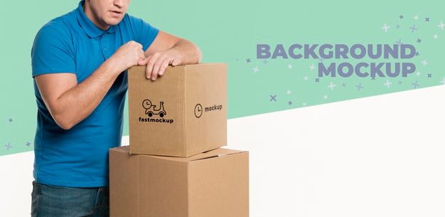 Free Delivery Man Supporting Himself On A Bunch Of Boxes With Background Mock-Up Psd