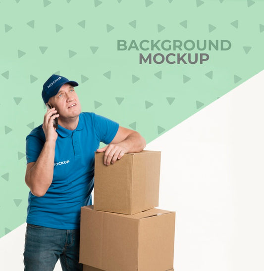 Free Delivery Man Talking On The Phone With A Client With Background Mock-Up Psd