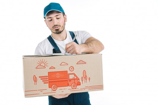 Free Delivery Mockup With Man Holding Box Psd