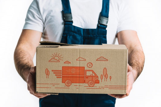 Free Delivery Mockup With Man Holding Box Psd