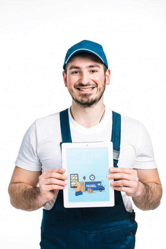 Free Delivery Mockup With Man Showing Tablet Psd