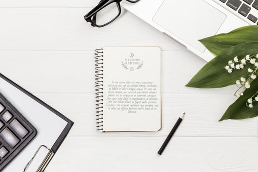 Free Desk Concept Notebook And Glasses Mock-Up Psd