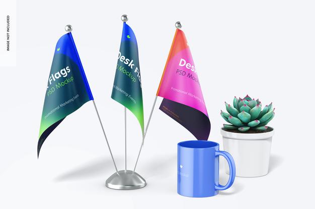 Free Desk Flags Mockup, Front View Psd