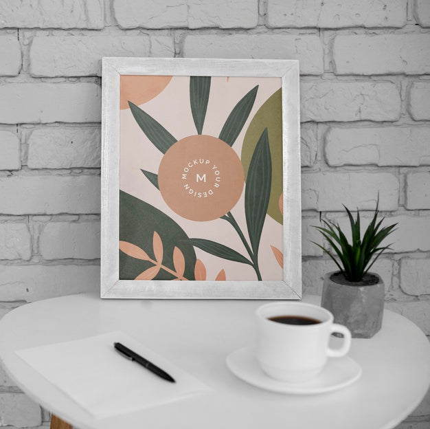 Free Desk With Frame And Cup Of Coffee Psd