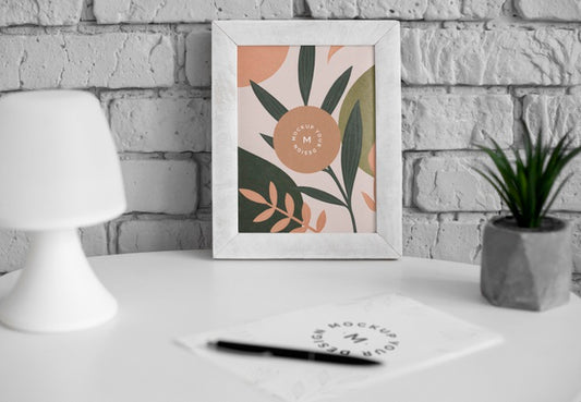 Free Desk With Frame And Plant Psd