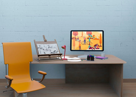 Free Desk With Mock-Up And Artistic Draw Psd