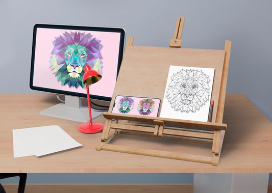 Free Desk With Painting Support And Monitor Psd