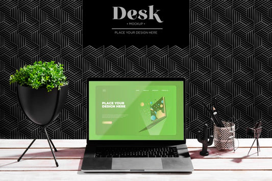 Free Desk With Plant And Laptop Psd