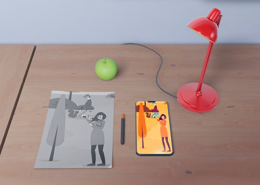 Free Desk Workspace With Phone And Sheet Draw Psd