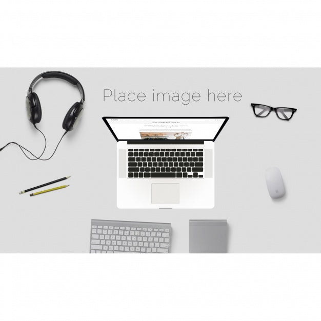 Free Desktop Mock Up With Glasses And Headphones Psd