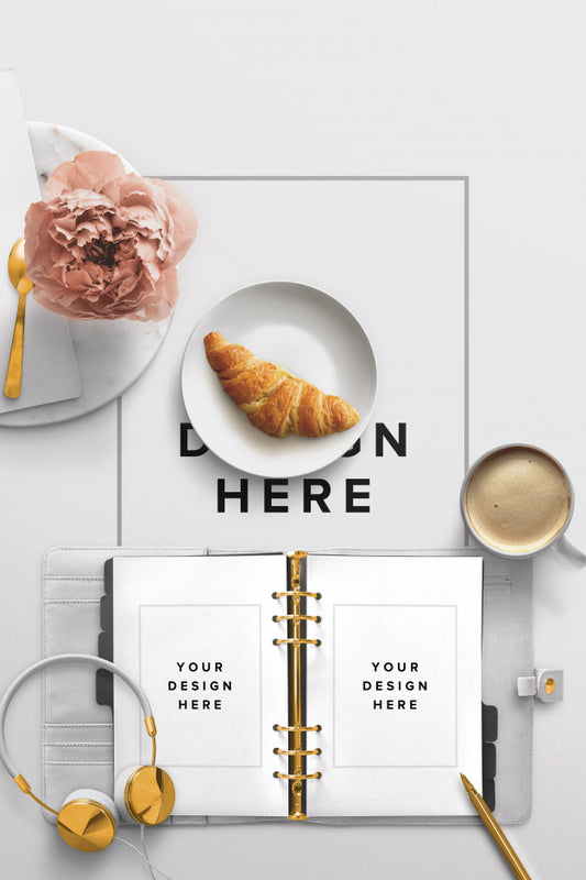 Free Desktop Mockup With An Agenda And Breakfast Psd