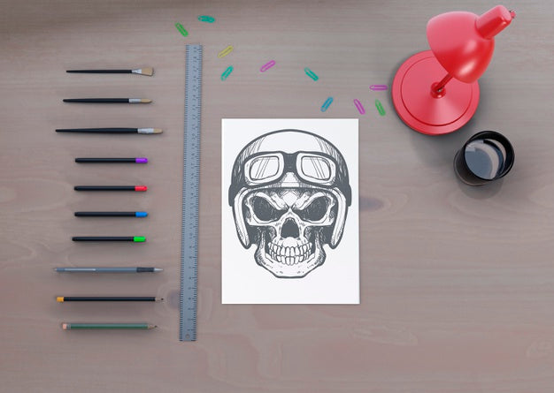 Free Desktop View With Sketch Draw On Paper Sheet Psd