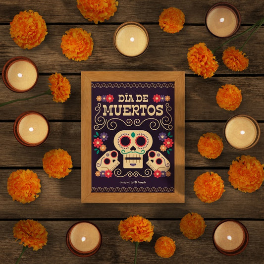 Free Dia De Muertos Mock-Up Surrounded By Flowers And Candles Psd