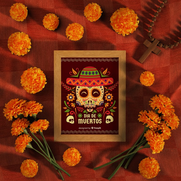 Free Dia De Muertos Mock-Up Surrounded By Flowers Psd