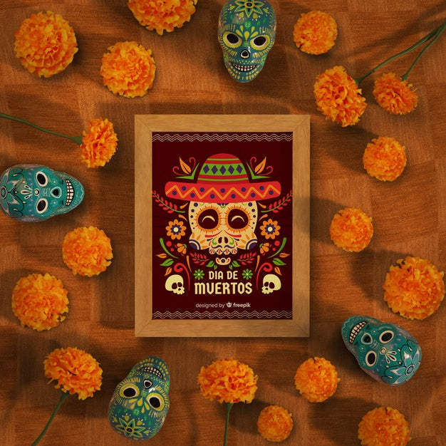 Free Dia De Muertos Mock-Up Surrounded By Skulls And Flowers Psd