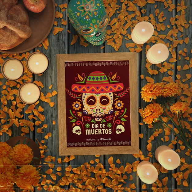 Free Dia De Muertos Red Mock-Up Surrounded By Candles And Flowers Psd