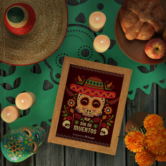 Free Dia De Muertos Red Mock-Up Surrounded By Decorative Elements Psd