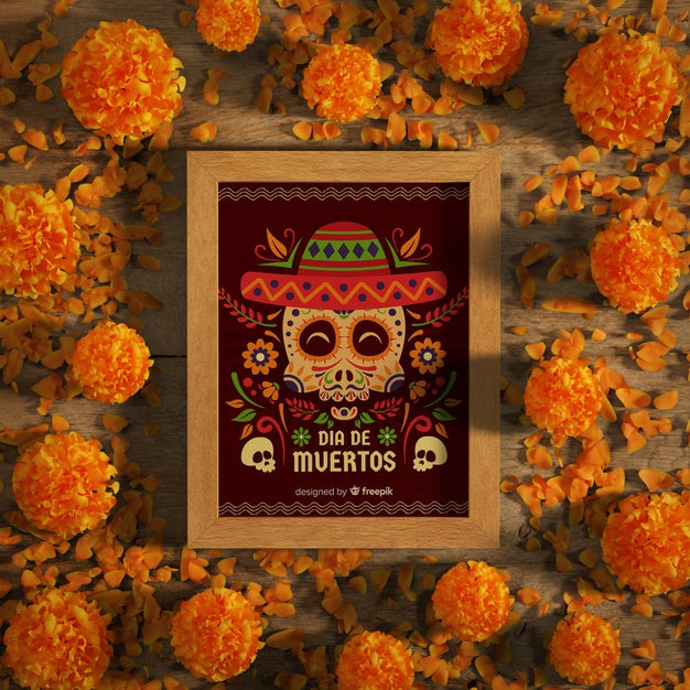 Free Dia De Muertos Skulls With Sombrero And Flowers Top View Psd
