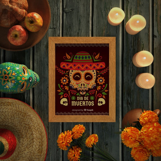 Free Dia De Muertos Skulls With Sombrero On Wooden Background Top View Psd